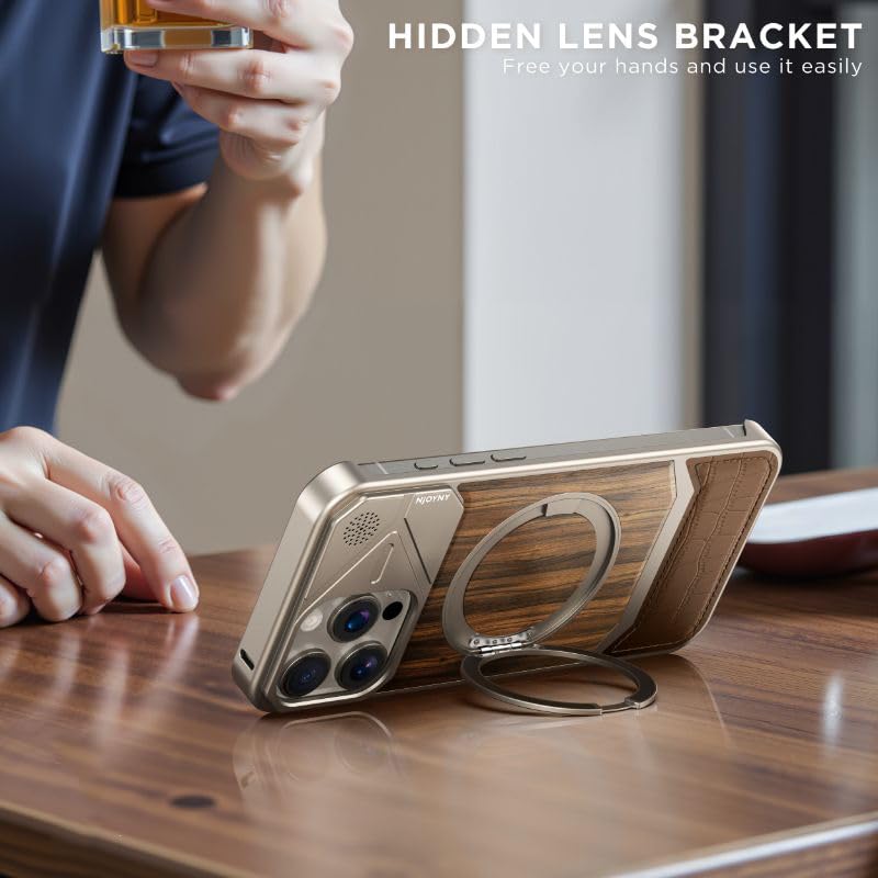 Bezel-Less Slim Natural Wood & Aluminum Case for iPhone 15 Pro Max with Magnetic Ring |Heavy Duty Shockproof Phone Wooden Case