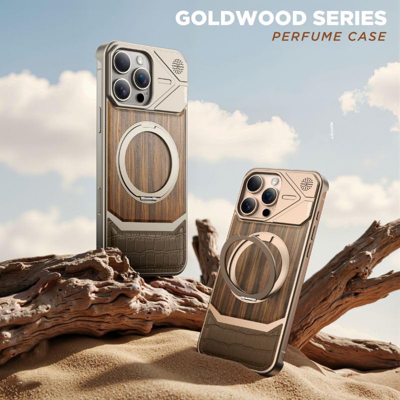 Bezel-Less Slim Natural Wood & Aluminum Case for iPhone 15 Pro Max with Magnetic Ring |Heavy Duty Shockproof Phone Wooden Case