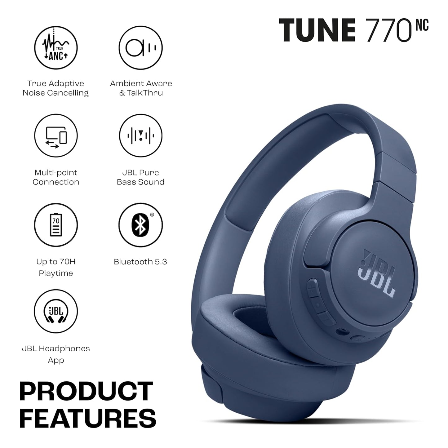 JBL Tune 770NC Wireless Over Ear ANC Headphones with Mic, Upto 70 Hrs Battery, Speed Charge : 5 min Charge Gives up to 3H of Playback, Google Fast Pair, Dual Pairing, BT 5.3 (Blue)