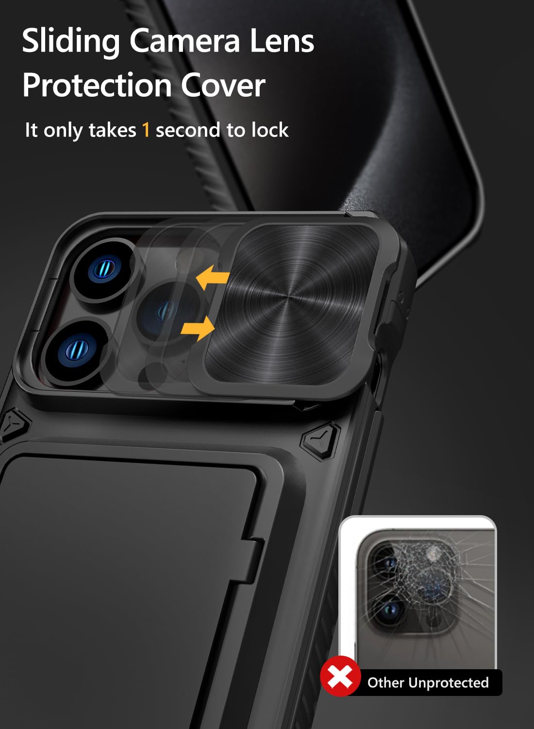 iPhone 15 Pro Max Case with Card Holder (4 Cards) & Slide Camera Cover & Kickstand, Military Grade Drop Protection, Rugged Hard Back & Silicone Edge Wallet Back Case, 6.7" , Black