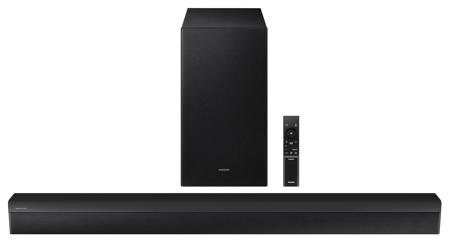 Samsung 300 W 2.1 ch Dolby Audio Soundbar, DTS Virtual:X, Surround Sound Expansion, Bluetooth, Optical in, USB, Wireless Subwoofer (HW-C450/XL, Black)