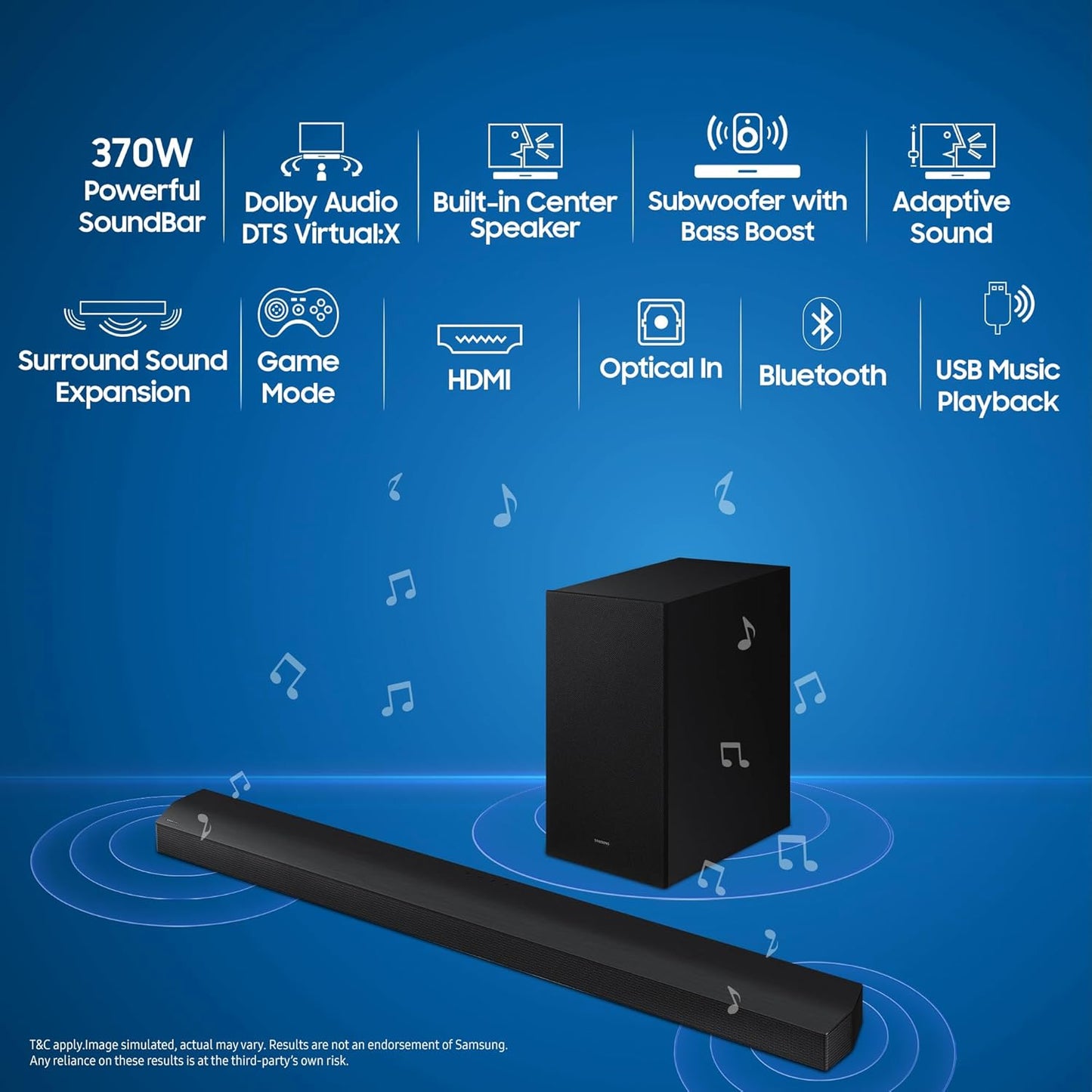 Samsung 300 W 2.1 ch Dolby Audio Soundbar, DTS Virtual:X, Surround Sound Expansion, Bluetooth, Optical in, USB, Wireless Subwoofer (HW-C450/XL, Black)