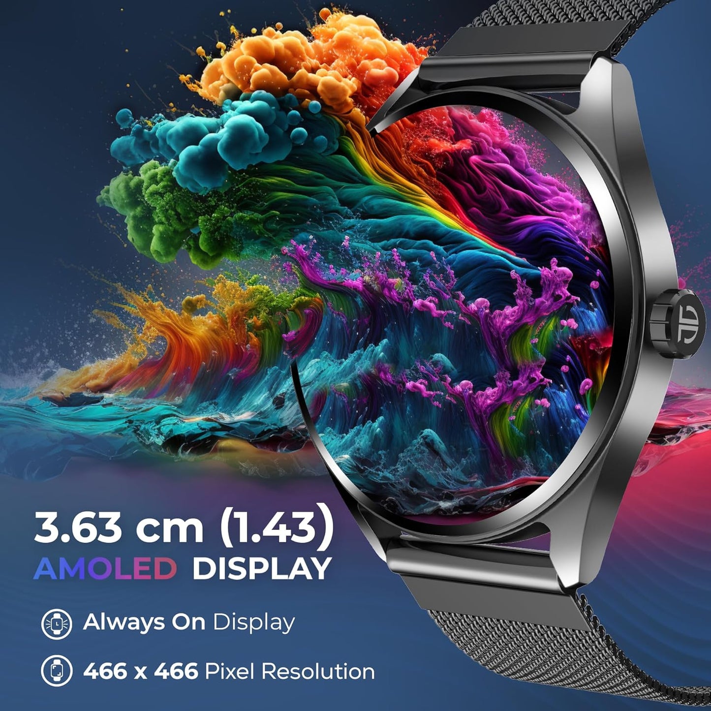 Titan Crest 1.43” AMOLED Smart Watch with BT Calling, AI Morning Briefs, Functional Crown, Health Tracking, Aluminium Body, 100+ Sports Modes, Smartwatch for Men and Women - Rose Gold Mesh Strap