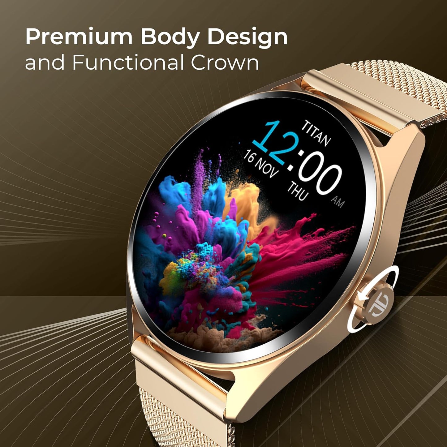 Titan Crest 1.43” AMOLED Smart Watch with BT Calling, AI Morning Briefs, Functional Crown, Health Tracking, Aluminium Body, 100+ Sports Modes, Smartwatch for Men and Women - Rose Gold Mesh Strap
