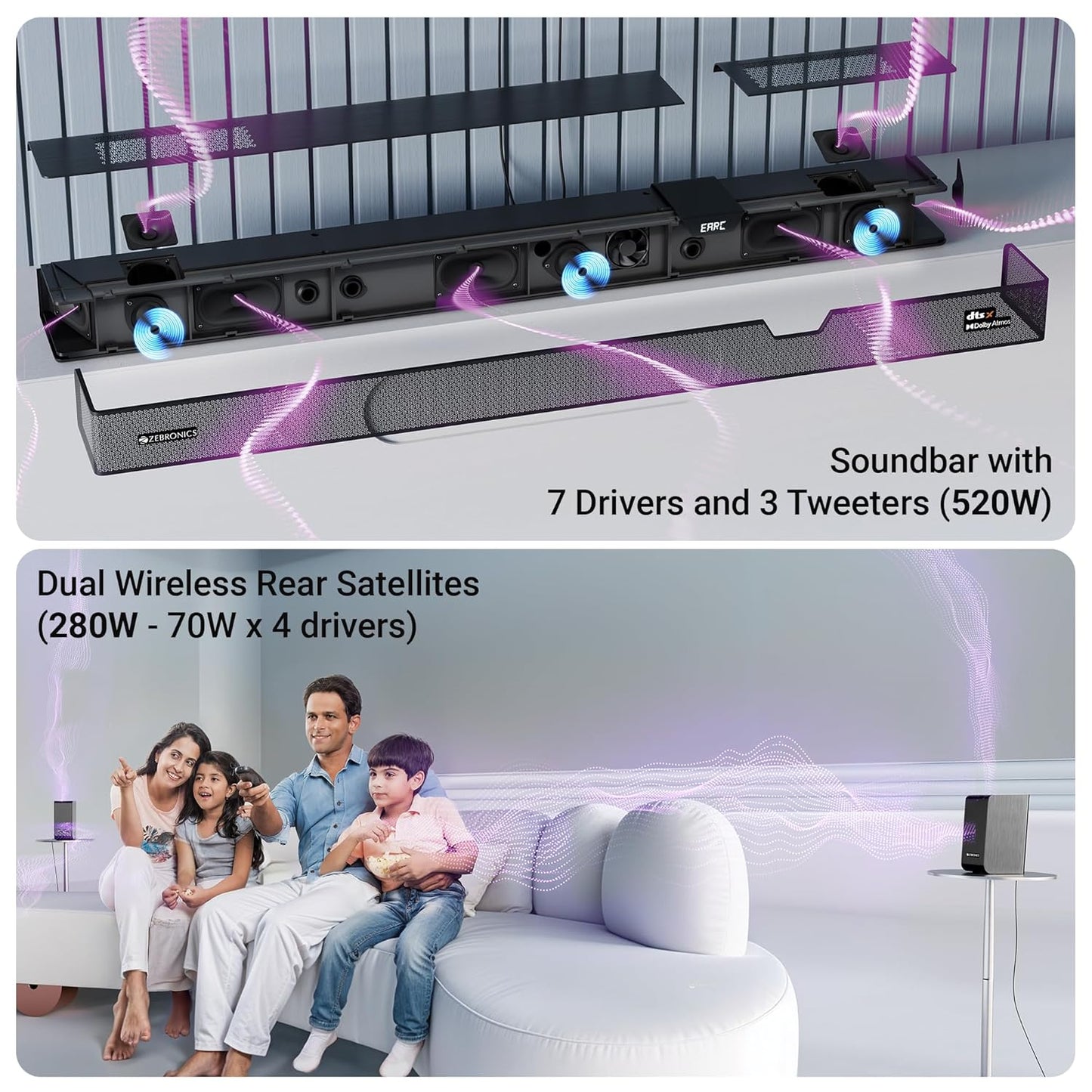 ZEBRONICS 1100 Watts Powerful Soundbar,7.2.4 Home Theatre,Wireless (Dual Satellites + Dual Driver Subwoofer) Dual Radiators,DTS X,Dolby Atmos,Karaoke UHF Mic,HDMI Earc,Optical (Juke BAR 10000),Black