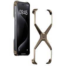Bumper Case for iPhone 15 Pro Max Frameless X-Shaped Metal iPhone Case Cover(Titanium Gold)