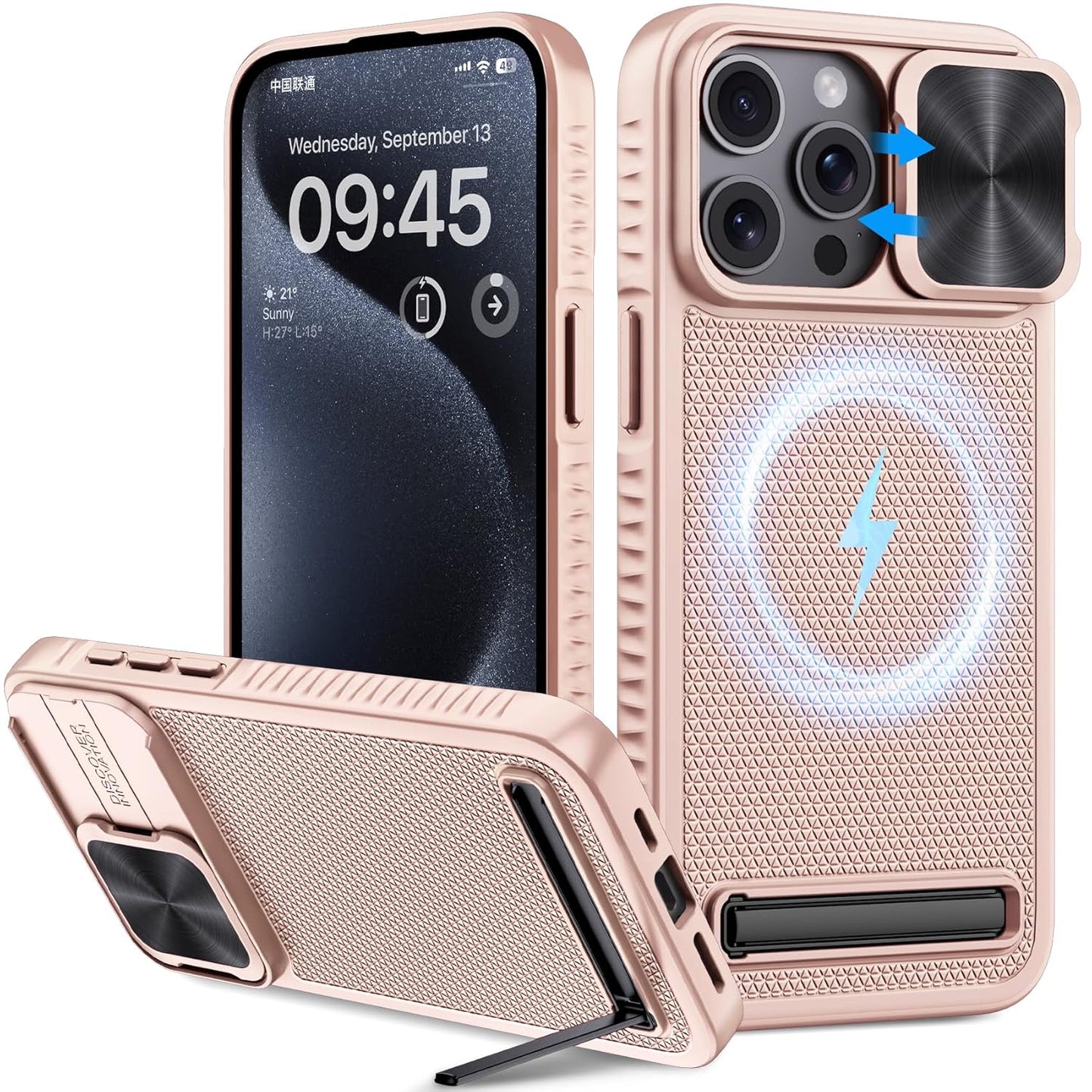 iPhone 15 Pro Max Case with Kickstand & Slide Camera Cover, Mil-Grade Drop Protection Shockproof Protective Back Cover for iPhone 15 Pro Max, Rose Gold