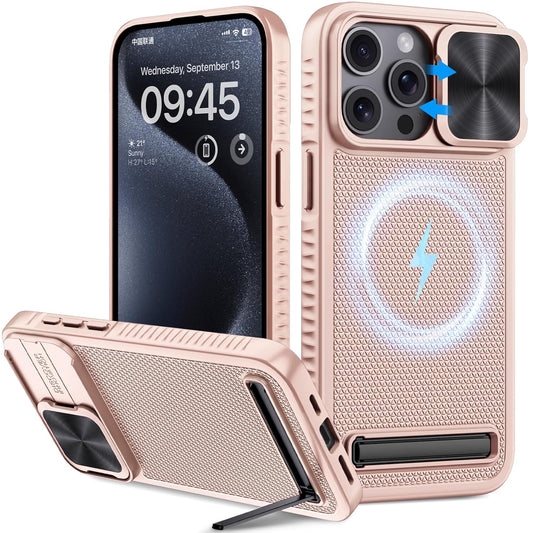 iPhone 15 Pro Max Case with Kickstand & Slide Camera Cover, Mil-Grade Drop Protection Shockproof Protective Back Cover for iPhone 15 Pro Max, Rose Gold