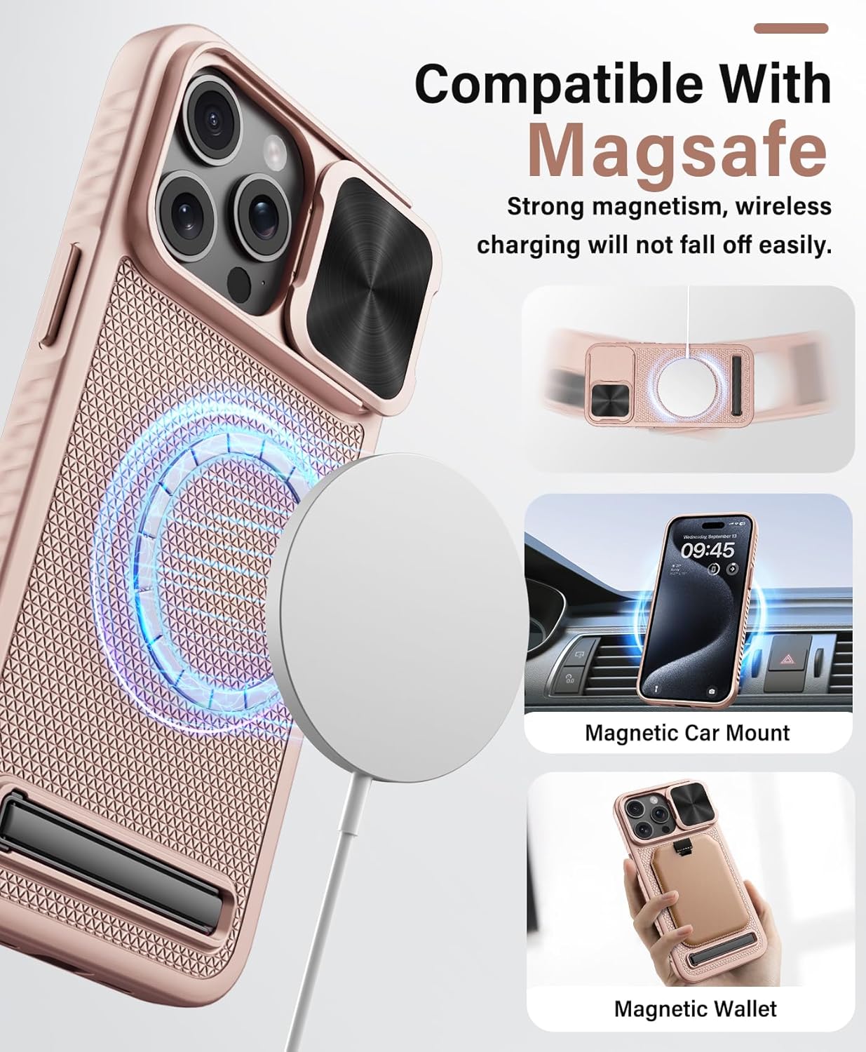 iPhone 15 Pro Max Case with Kickstand & Slide Camera Cover, Mil-Grade Drop Protection Shockproof Protective Back Cover for iPhone 15 Pro Max, Rose Gold