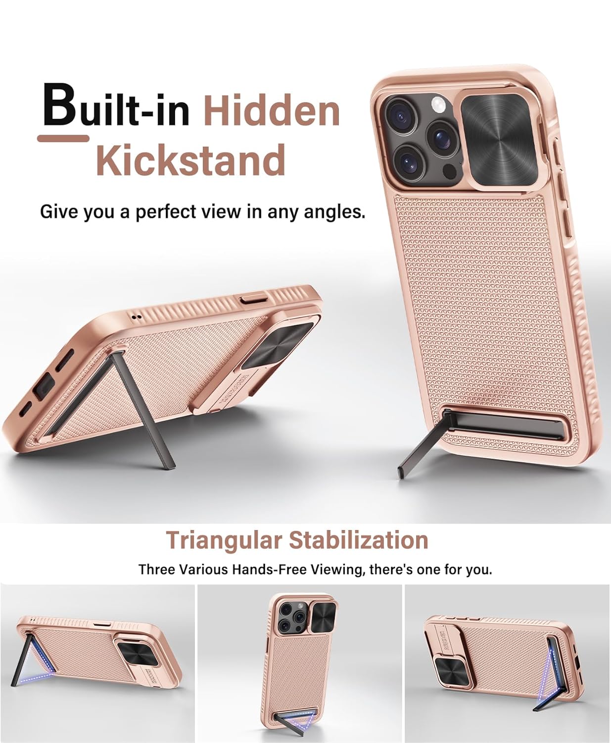 iPhone 15 Pro Max Case with Kickstand & Slide Camera Cover, Mil-Grade Drop Protection Shockproof Protective Back Cover for iPhone 15 Pro Max, Rose Gold