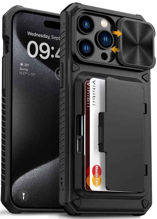 iPhone 15 Pro Max Case with Card Holder (4 Cards) & Slide Camera Cover & Kickstand, Military Grade Drop Protection, Rugged Hard Back & Silicone Edge Wallet Back Case, 6.7" , Black