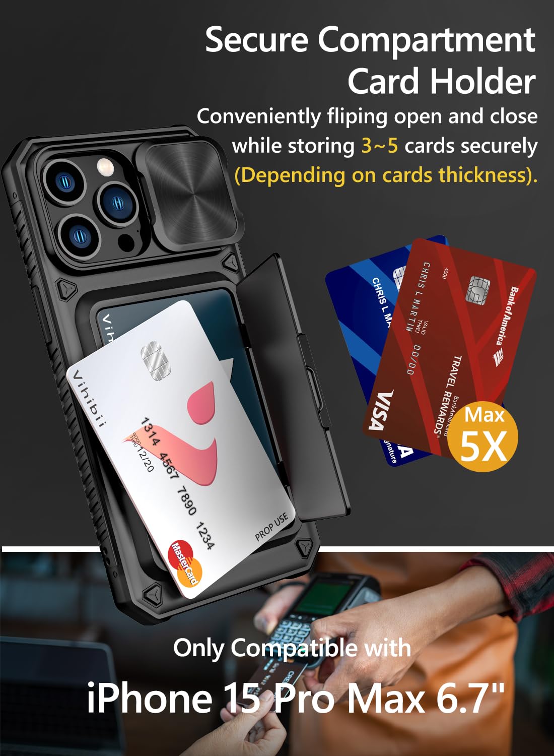 iPhone 15 Pro Max Case with Card Holder (4 Cards) & Slide Camera Cover & Kickstand, Military Grade Drop Protection, Rugged Hard Back & Silicone Edge Wallet Back Case, 6.7" , Black