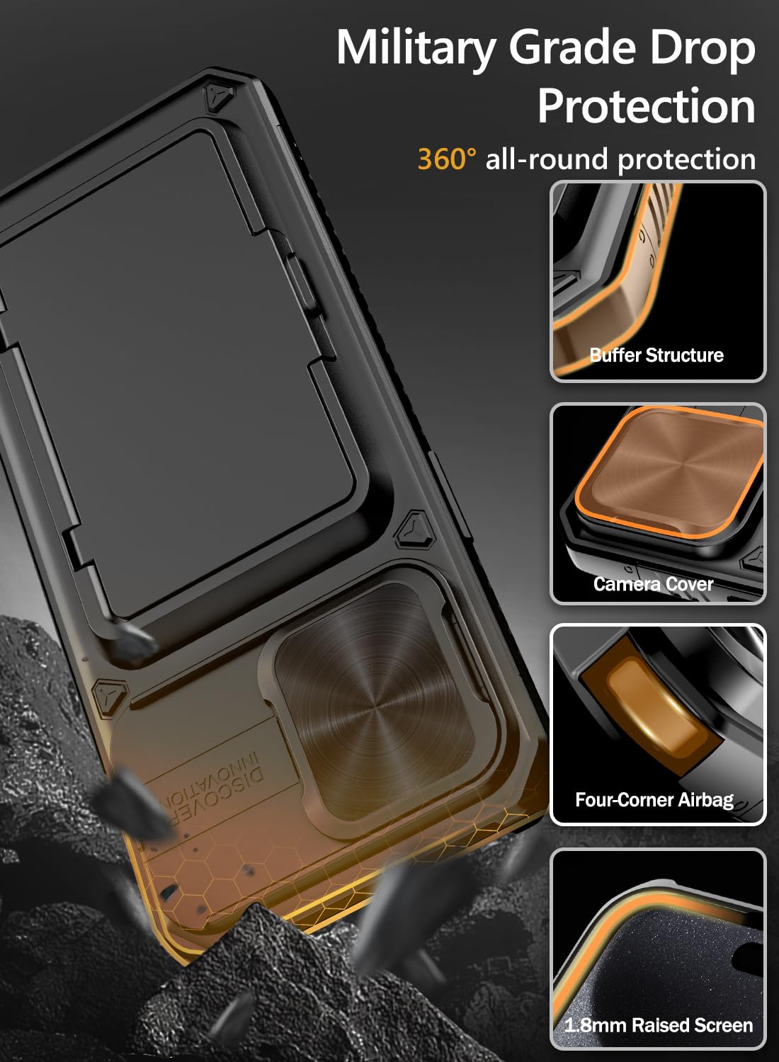 iPhone 15 Pro Max Case with Card Holder (4 Cards) & Slide Camera Cover & Kickstand, Military Grade Drop Protection, Rugged Hard Back & Silicone Edge Wallet Back Case, 6.7" , Black