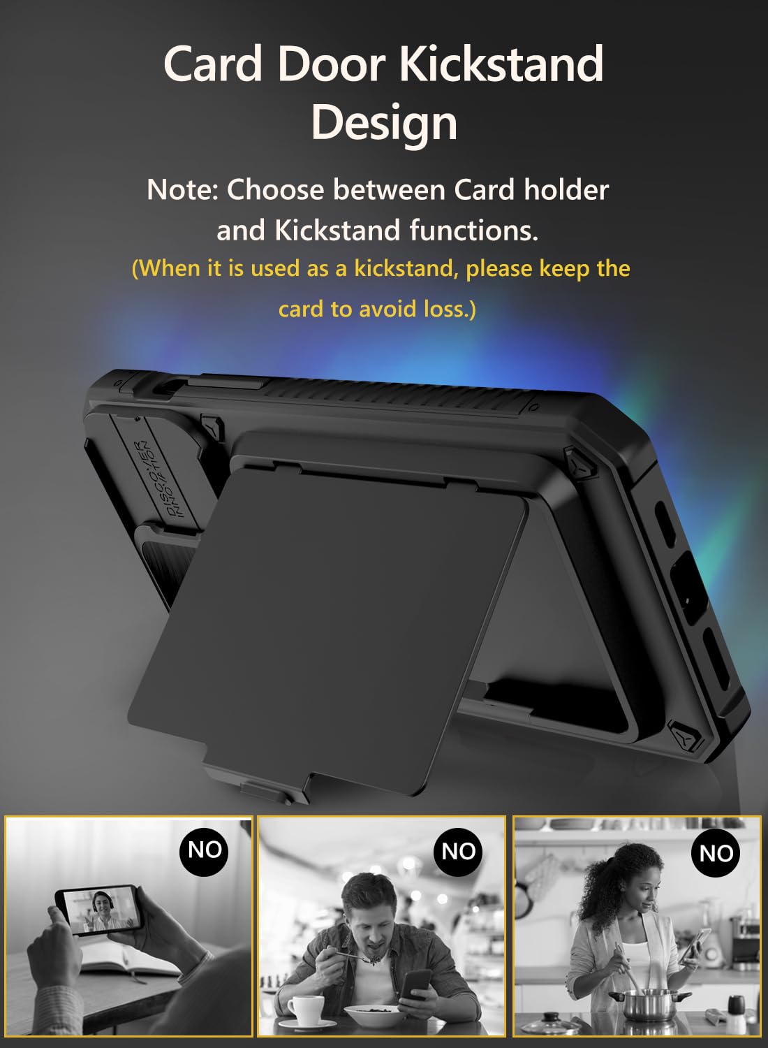iPhone 15 Pro Max Case with Card Holder (4 Cards) & Slide Camera Cover & Kickstand, Military Grade Drop Protection, Rugged Hard Back & Silicone Edge Wallet Back Case, 6.7" , Black