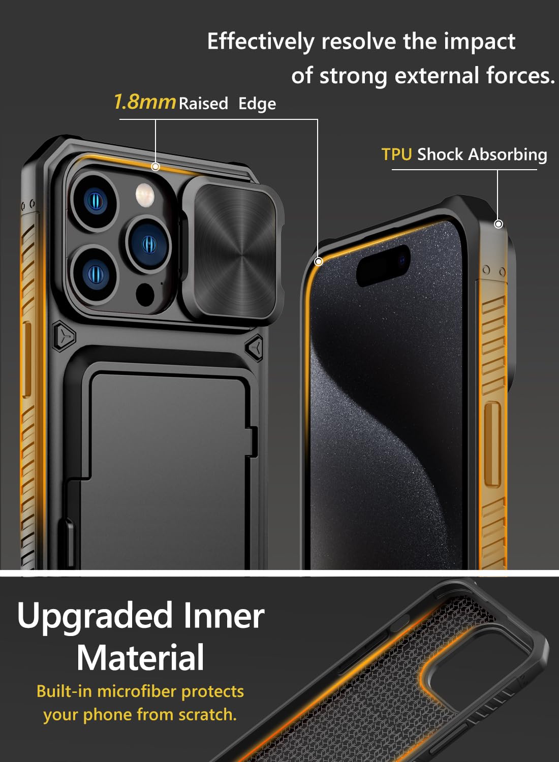 iPhone 15 Pro Max Case with Card Holder (4 Cards) & Slide Camera Cover & Kickstand, Military Grade Drop Protection, Rugged Hard Back & Silicone Edge Wallet Back Case, 6.7" , Black