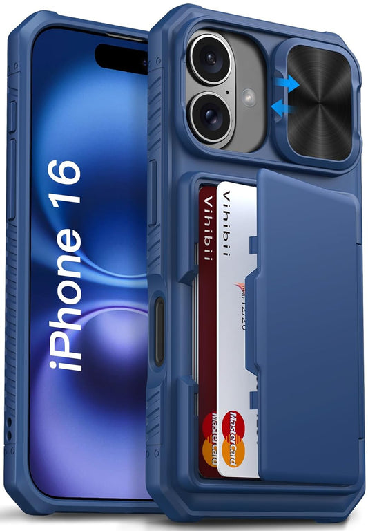 Silicone For iPhone 16 Wallet Case With Card Holder(4 Cards) [RFID Blocking]&Slide Camera Cover&Raised Edges Protect Screen,Shockproof Rugged Phone Case For iPhone 16 6.1" 2024,Blue