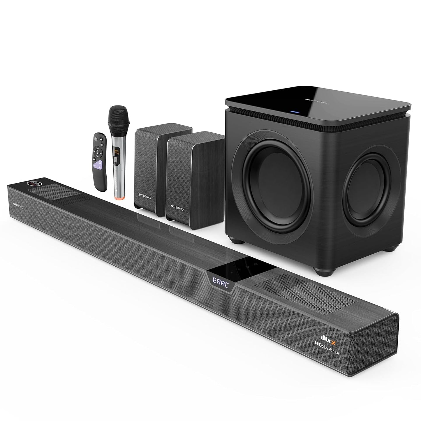 ZEBRONICS 1100 Watts Powerful Soundbar,7.2.4 Home Theatre,Wireless (Dual Satellites + Dual Driver Subwoofer) Dual Radiators,DTS X,Dolby Atmos,Karaoke UHF Mic,HDMI Earc,Optical (Juke BAR 10000),Black