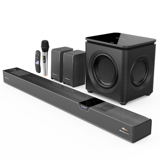 ZEBRONICS 1100 Watts Powerful Soundbar,7.2.4 Home Theatre,Wireless (Dual Satellites + Dual Driver Subwoofer) Dual Radiators,DTS X,Dolby Atmos,Karaoke UHF Mic,HDMI Earc,Optical (Juke BAR 10000),Black