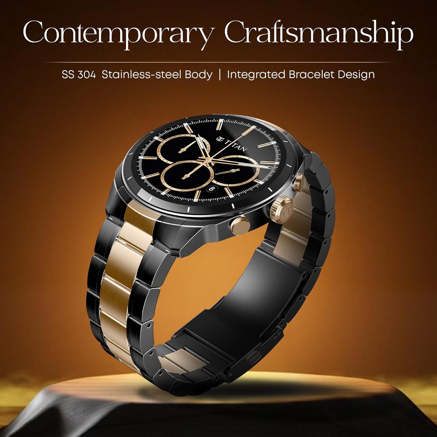 Titan Heritage 1.43" AMOLED Stainless Steel Bracelet Smart Watch for Men, BT Calling, Voice Assistant, Quick Health Measurement, Functional Crown, 3D UI, 60Hz Display, Fast Charging (Blue)