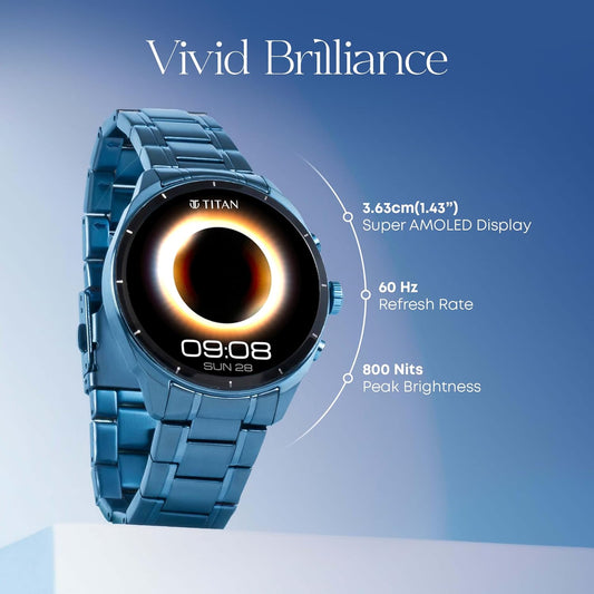 Titan Heritage 1.43" AMOLED Stainless Steel Bracelet Smart Watch for Men, BT Calling, Voice Assistant, Quick Health Measurement, Functional Crown, 3D UI, 60Hz Display, Fast Charging (Blue)