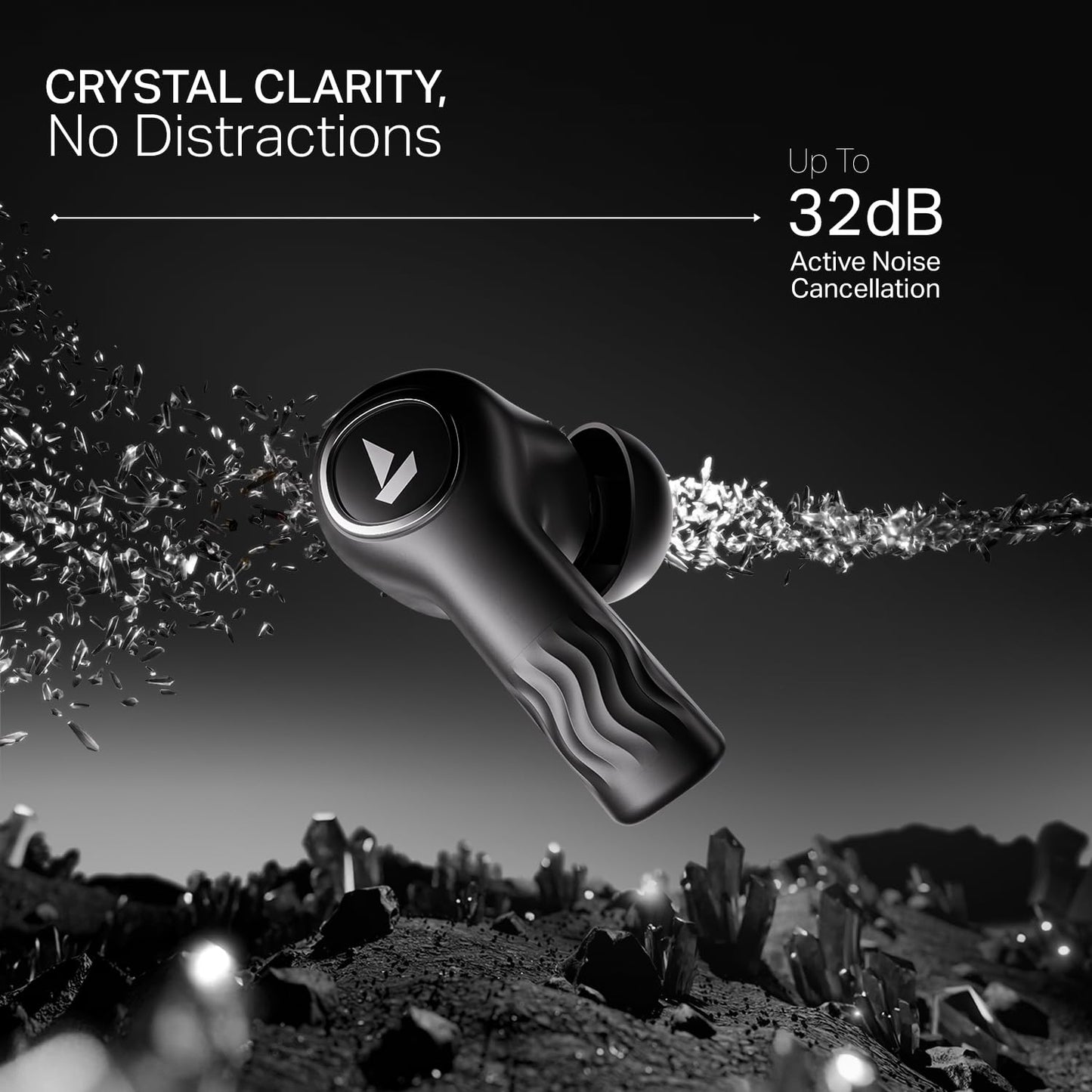boAt Nirvana Crystl (2025 Launch), Transparent Case,Spatial Audio, ANC(~32dB), 100Hrs Battery,4Mics ENx,App Support, Bluetooth Earbuds, TWS Ear Buds Wireless Earphones with mic (Quantum Black)