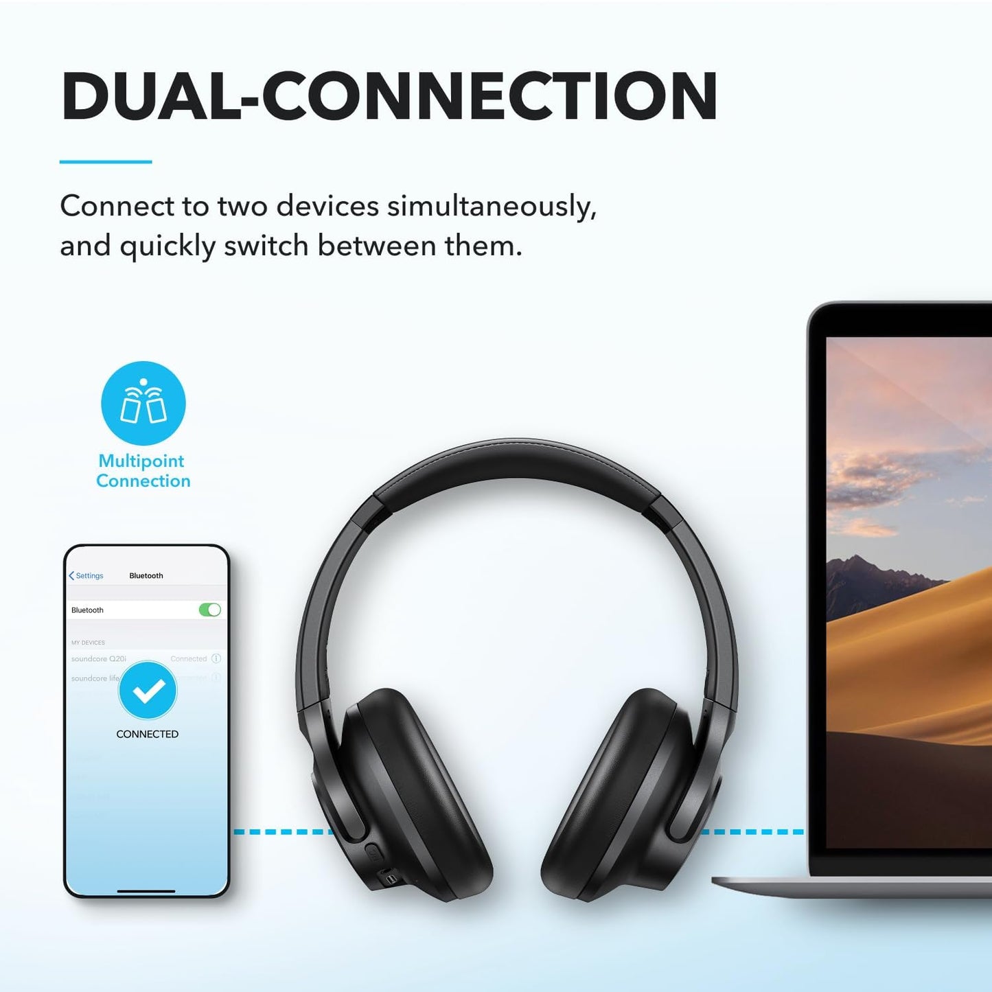 Q20i Wireless Bluetooth Over-Ear Headphones with Hybrid Active Noise Cancelling, 40h Playtime in ANC Mode, Hi-Res Audio, Deep Bass, Personalization via App