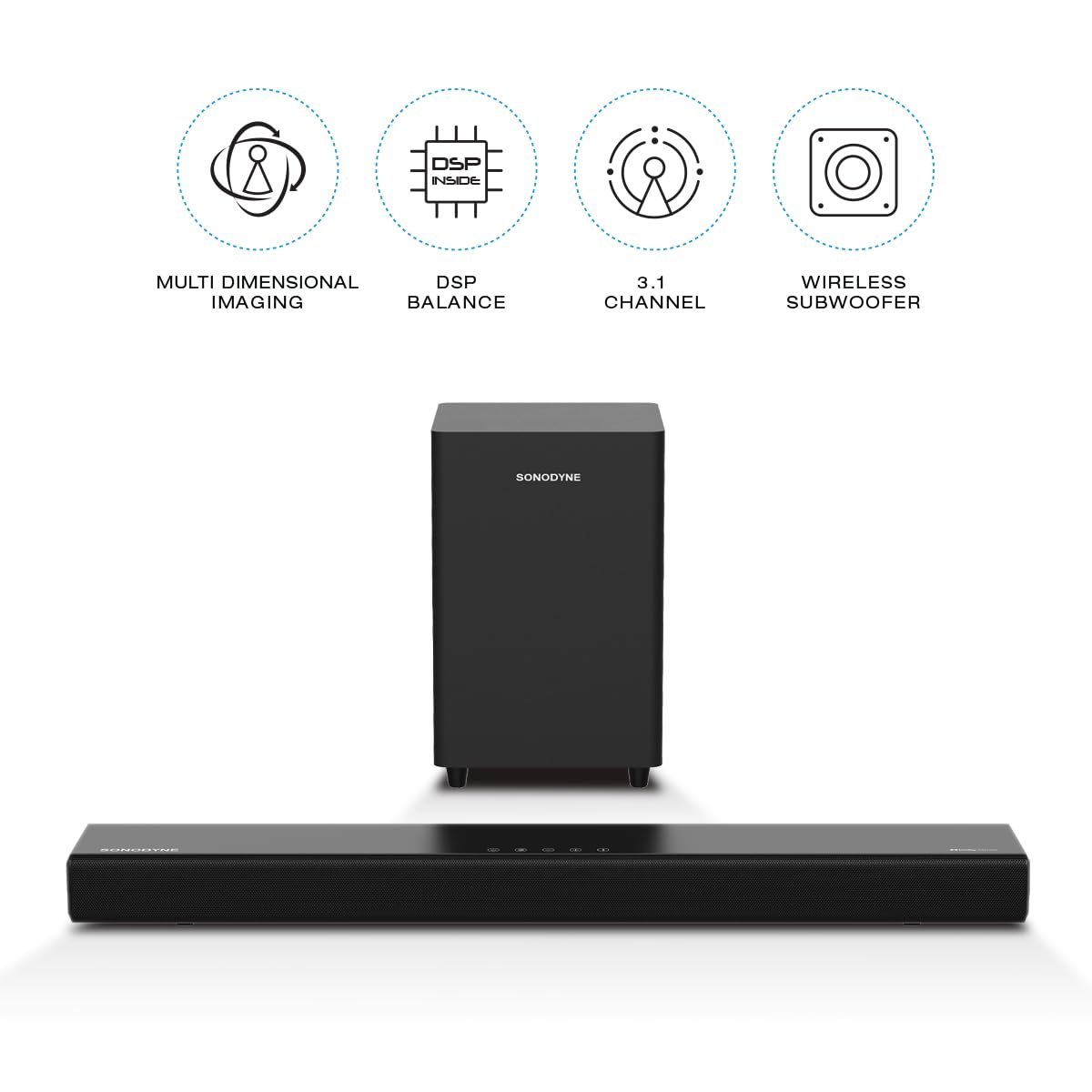 Sonodyne SAMĀ 5000 Dolby Atmos Soundbar for Immersive, Clear, Powerful Sound, 400W, 3.1 Ch, Dolby Atmos & Dolby Digital, Bluetooth, HDMI eARC with 4K Dolby Vision Pass-Through, Optical, Wireless Sub