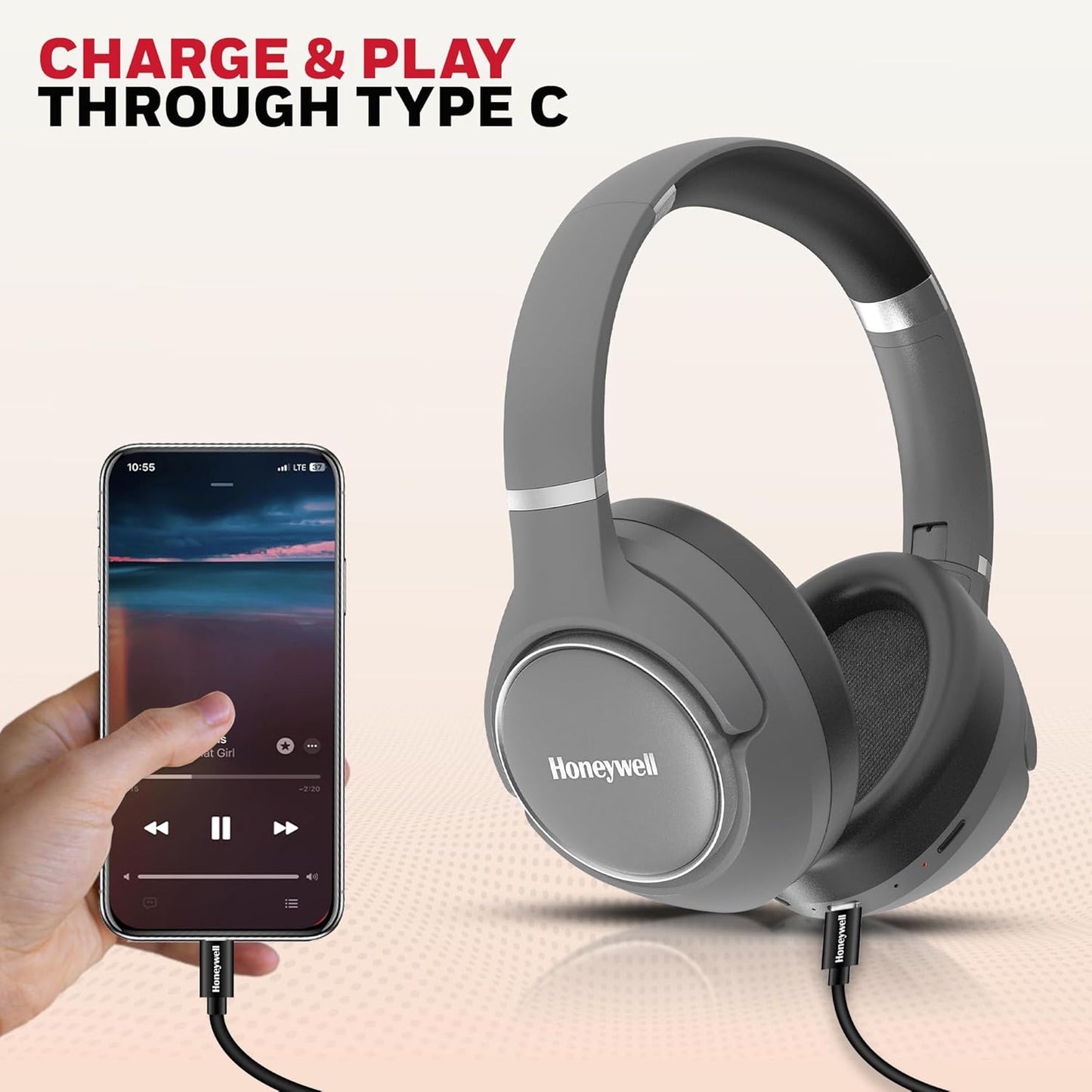 New Launch Trueno U20 Bluetooth v5.4 Over-Ear Headphones with Mic, Hybrid ANC, Spatial Audio &Head Tracking, 70H Playback, High-Res Sound, Dual Pairing, 40ms Low Latency, Quad Cable-Silver