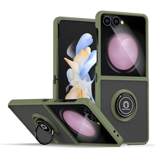 Magnetic Ring Holder Kickstand Armor Cover for Samsung Galaxy Z Flip 7 / Z Flip7 5G, Anti Scratch Smoke Case with Soft TPU Frame Bumper (Green)